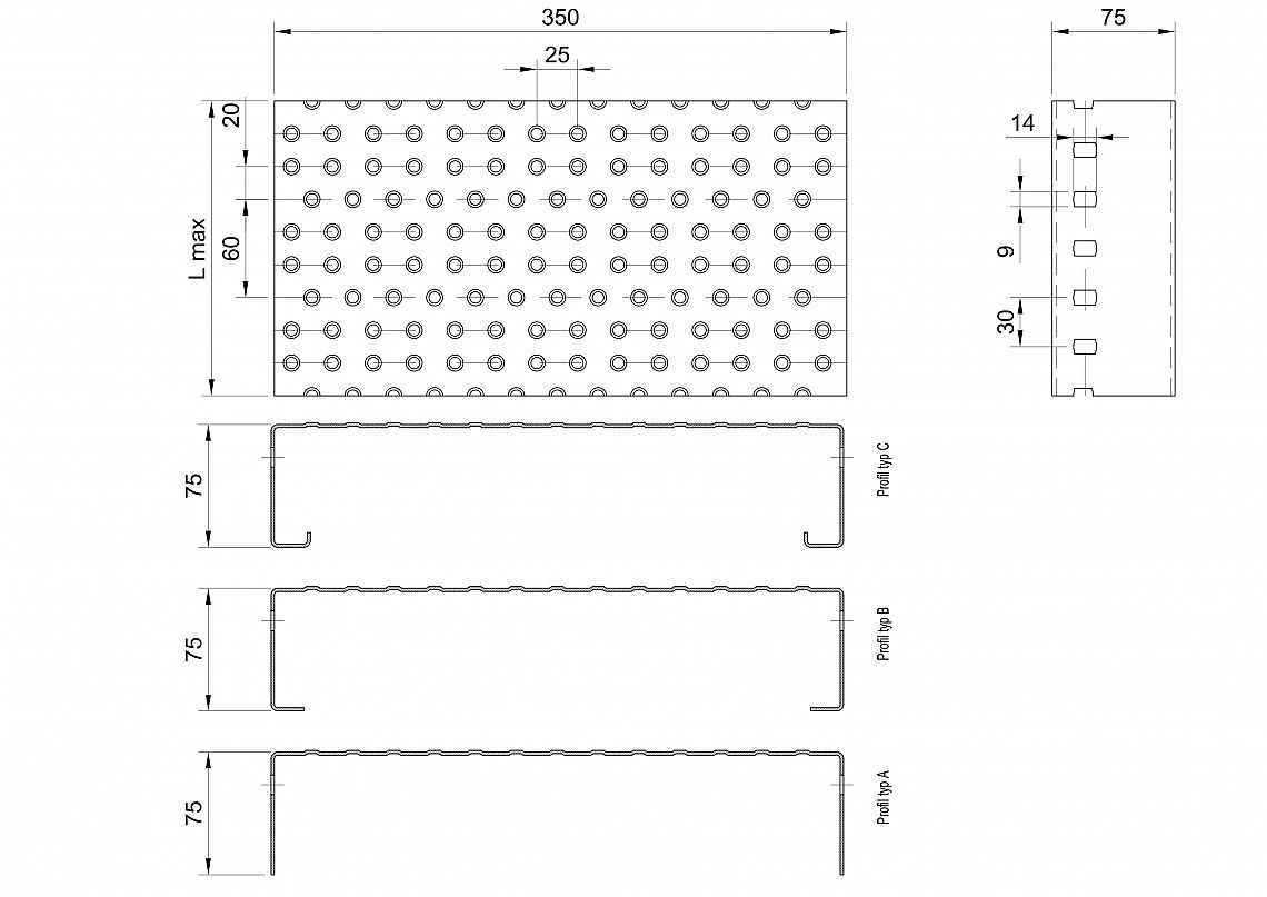 Profilové rošty PGE-350-75/3 - hliník-surový