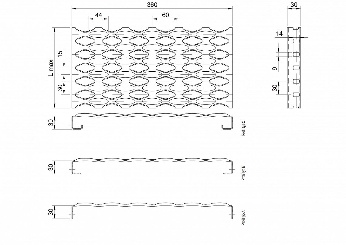 Profilové rošty PSE-360-30/1,5 - nerez V2A (1.4301)-mořená