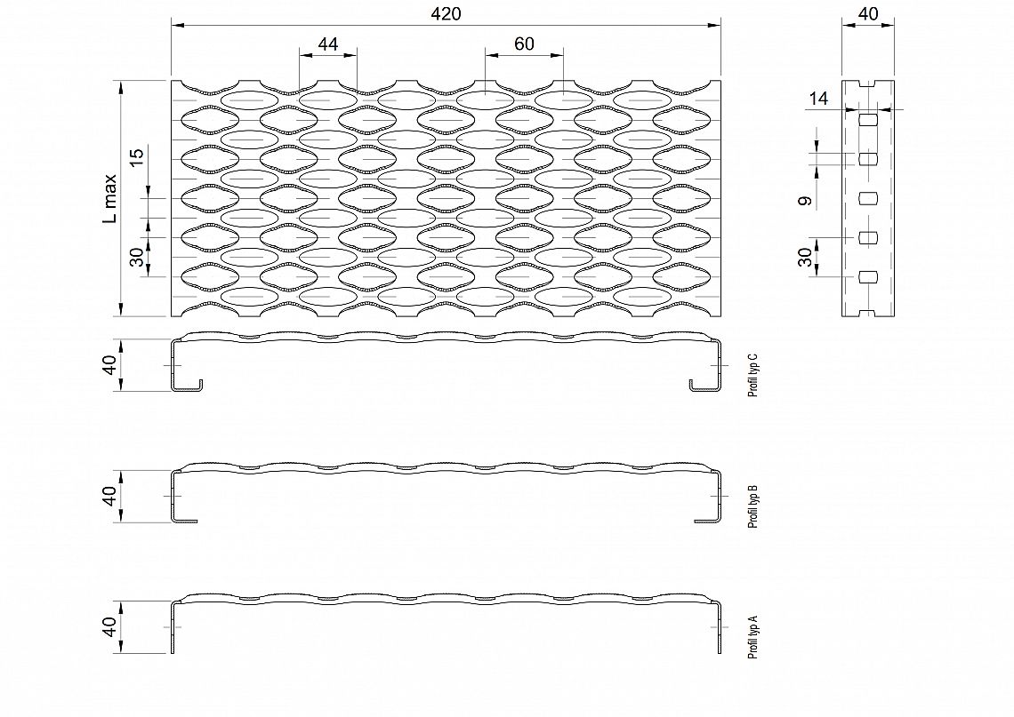 Profilové rošty PSE-420-40/2 - nerez V2A (1.4301)-mořená