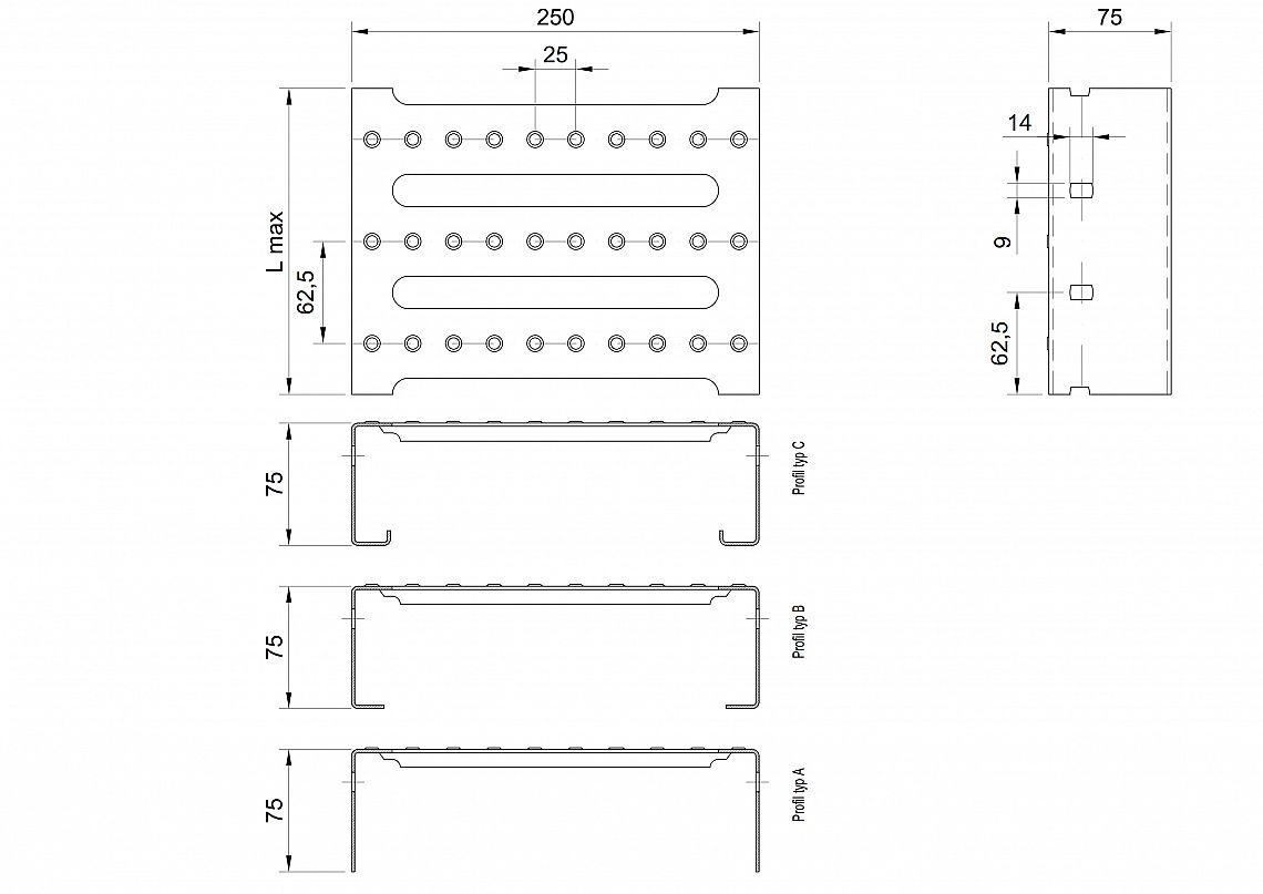 Profilové rošty PST-250-75/2 - nerez V2A (1.4301)-mořená