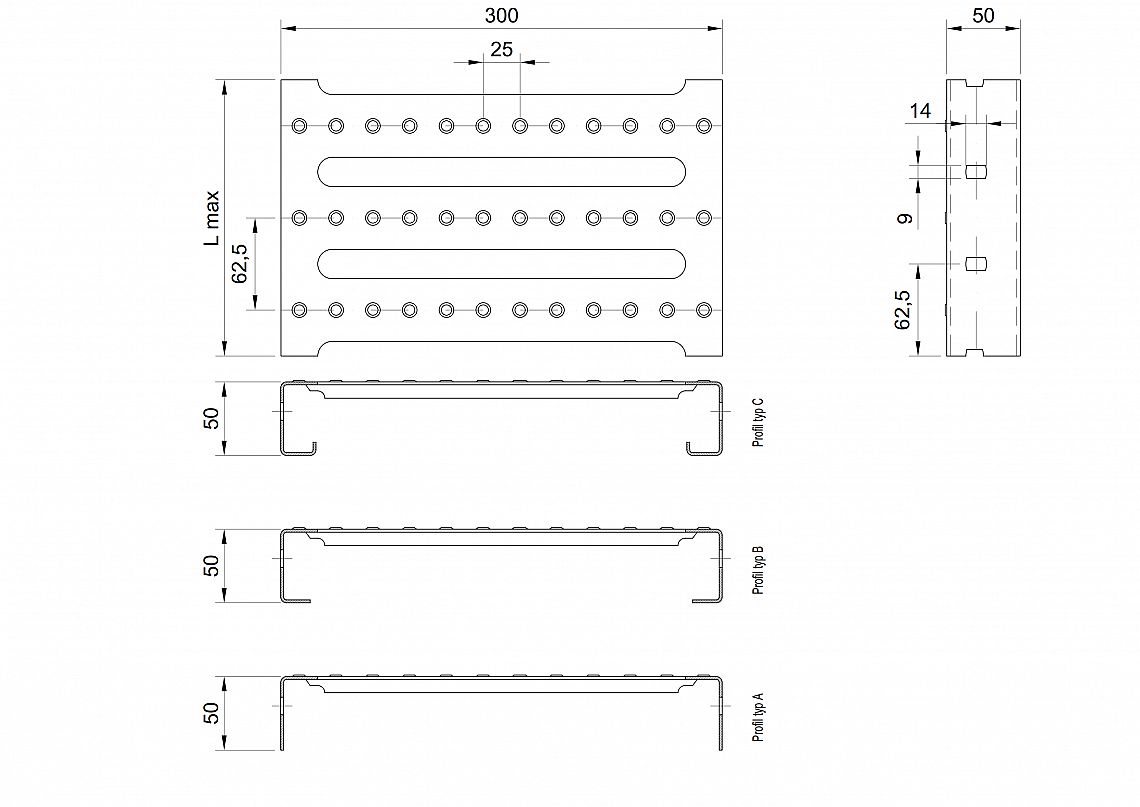 Profilové rošty PST-300-50/2,5 - nerez V2A (1.4301)-mořená