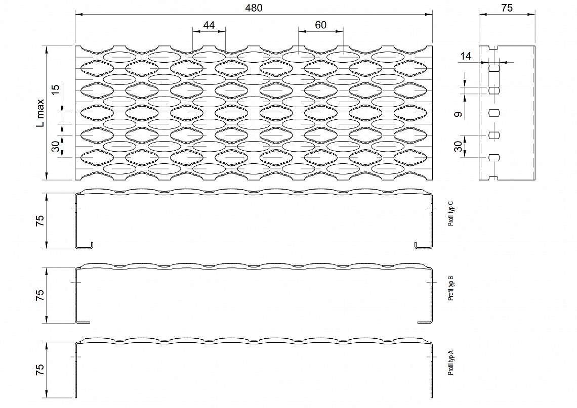 Profilové rošty PSE-480-75/1,5 - nerez V2A (1.4301)-mořená